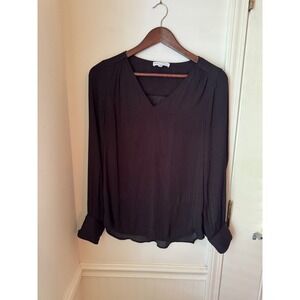 Maison d'Amelie Paris Black V-Neck Pleated Long Sleeve Blouse Medium
